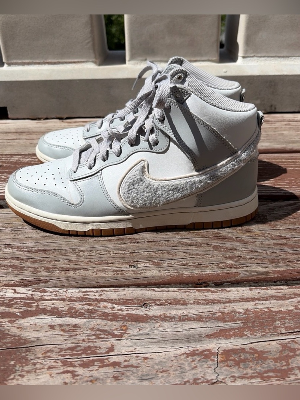 Nike Light Gray and White High-Top Sneakers with Textured Swoosh